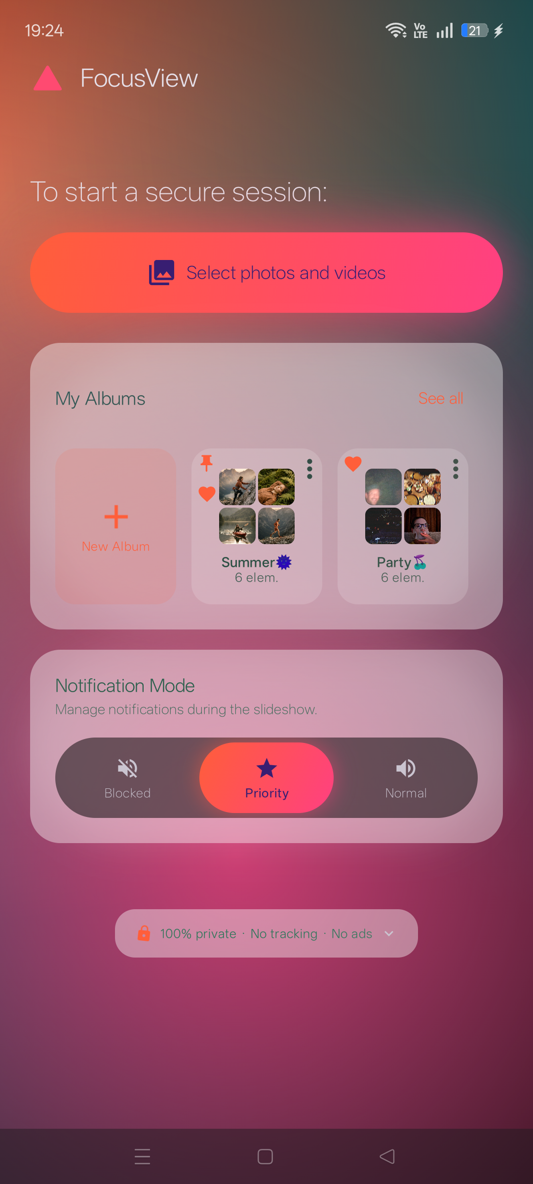 FocusView main screen – select photos to share securely